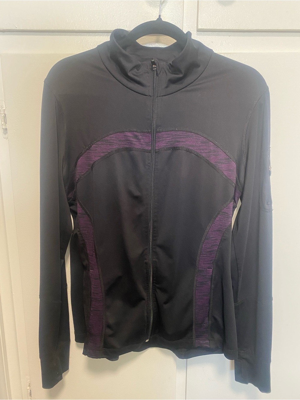 Black Zip-Front Athletic Jacket with Purple Accents